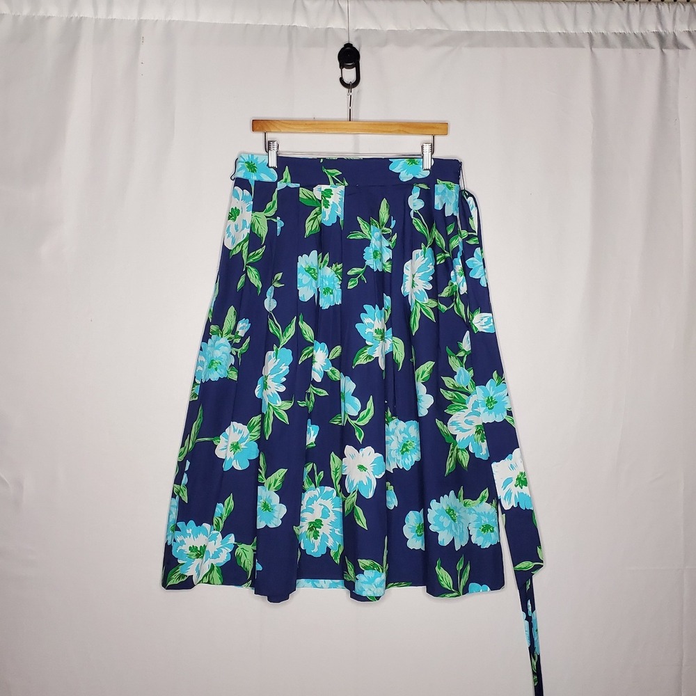 Talbots Poplin Midi Skirt 10 Bold Blue Floral Pleated Feminine Coquette Modest